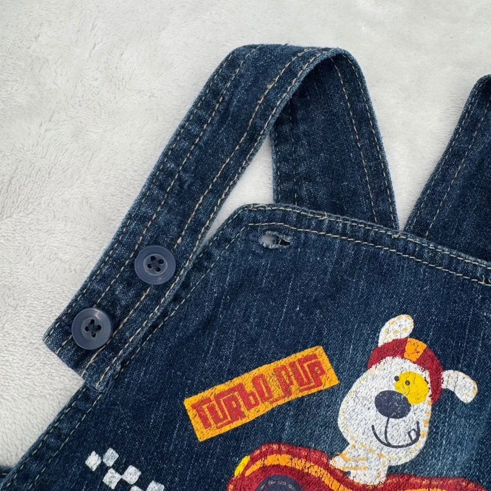 Fisher-Price Turbo Pup Denim Overalls Size 12M 2010 Race Car Graphic Shortalls